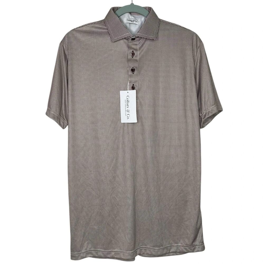 Collars & Co Polo Shirt Mens L Brown Houndstooth Dress Collar Preppy Stretch NWT - Picture 2 of 10